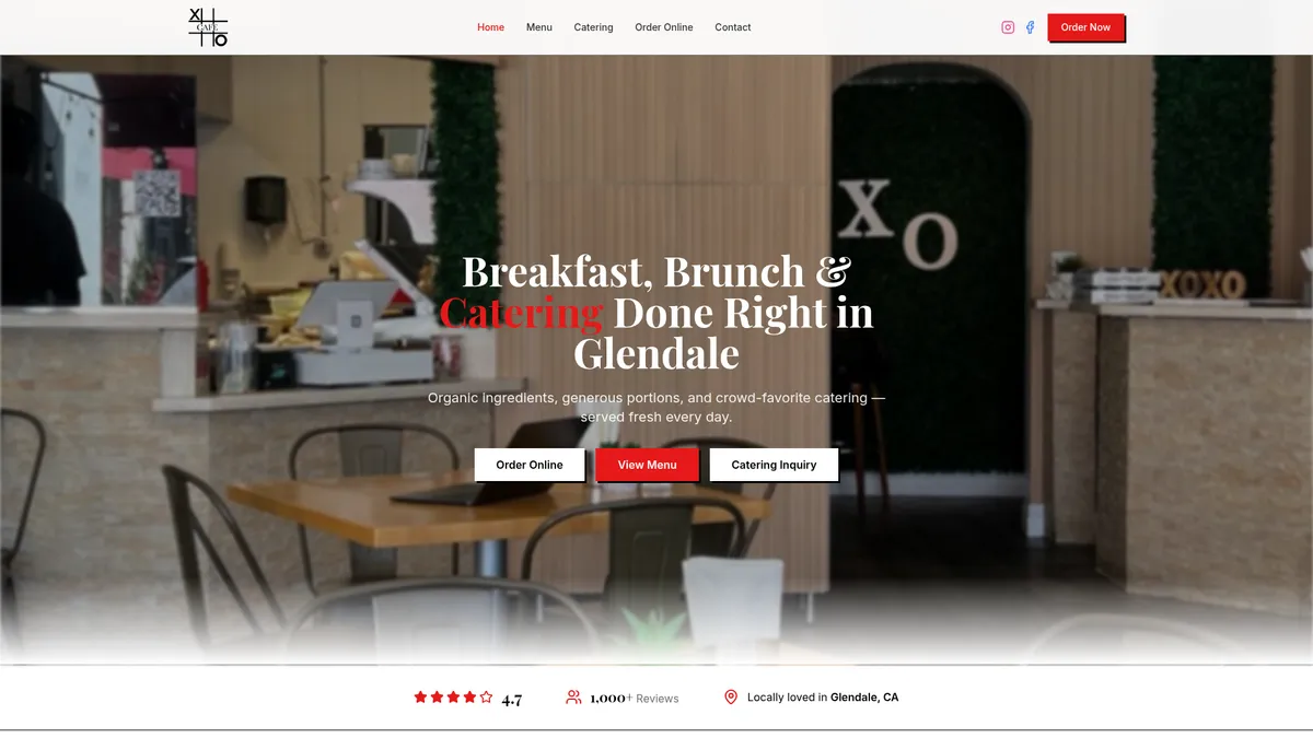 Custom website design for XO Cafe restaurant in Glendale CA