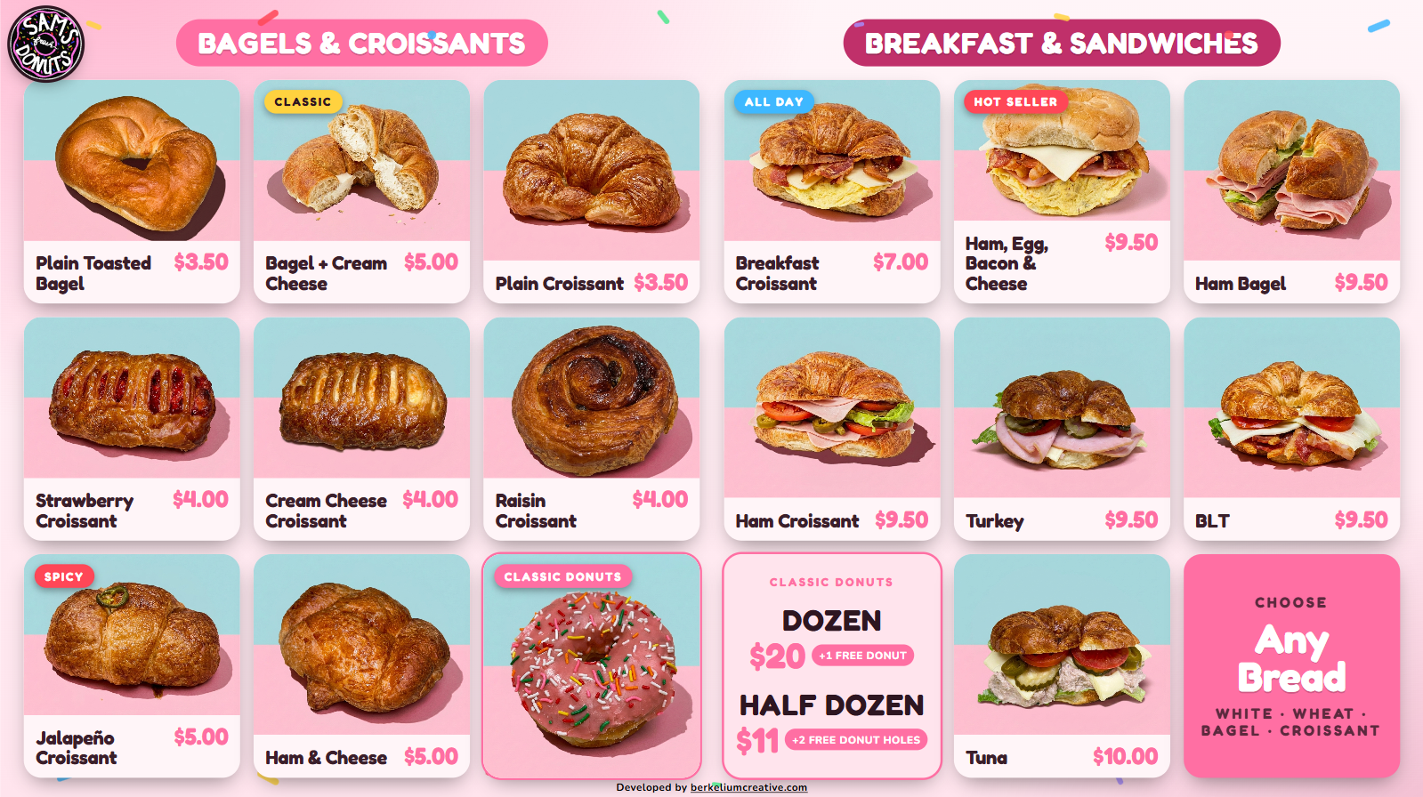 Sam's Fresh Donuts food menu board — bagels, croissants, breakfast sandwiches.