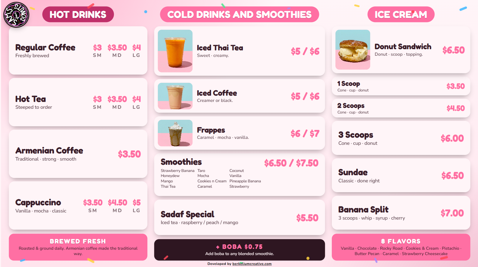 Sam's Fresh Donuts drinks menu board — hot drinks, cold drinks, smoothies, ice cream.