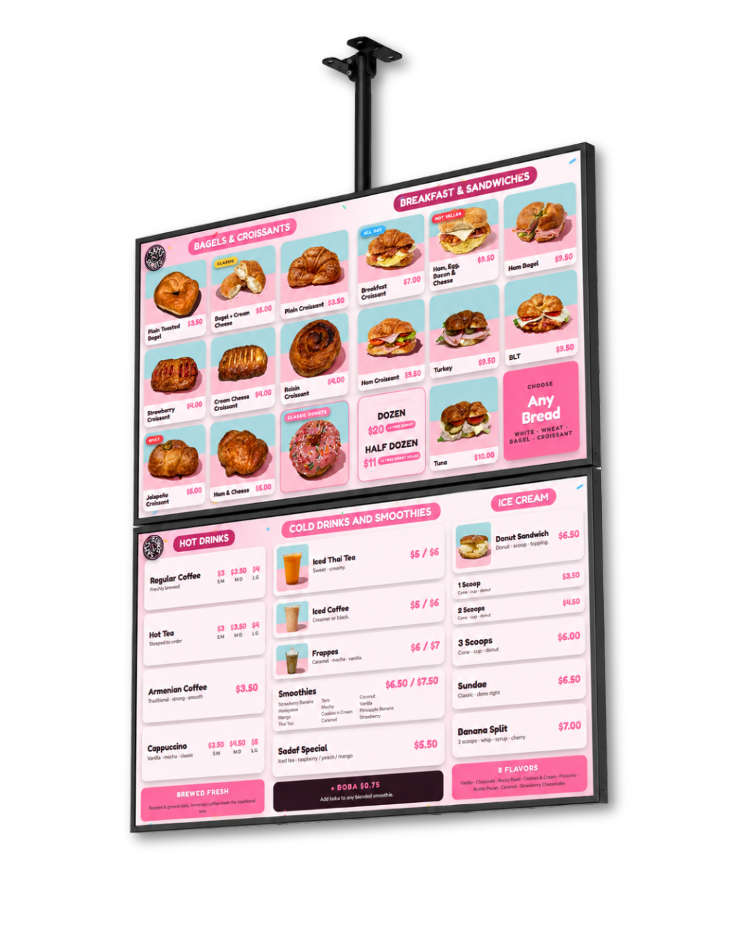 Sam's Fresh Donuts digital menu board — a ceiling-mounted dual-screen install running the food and drinks menus.