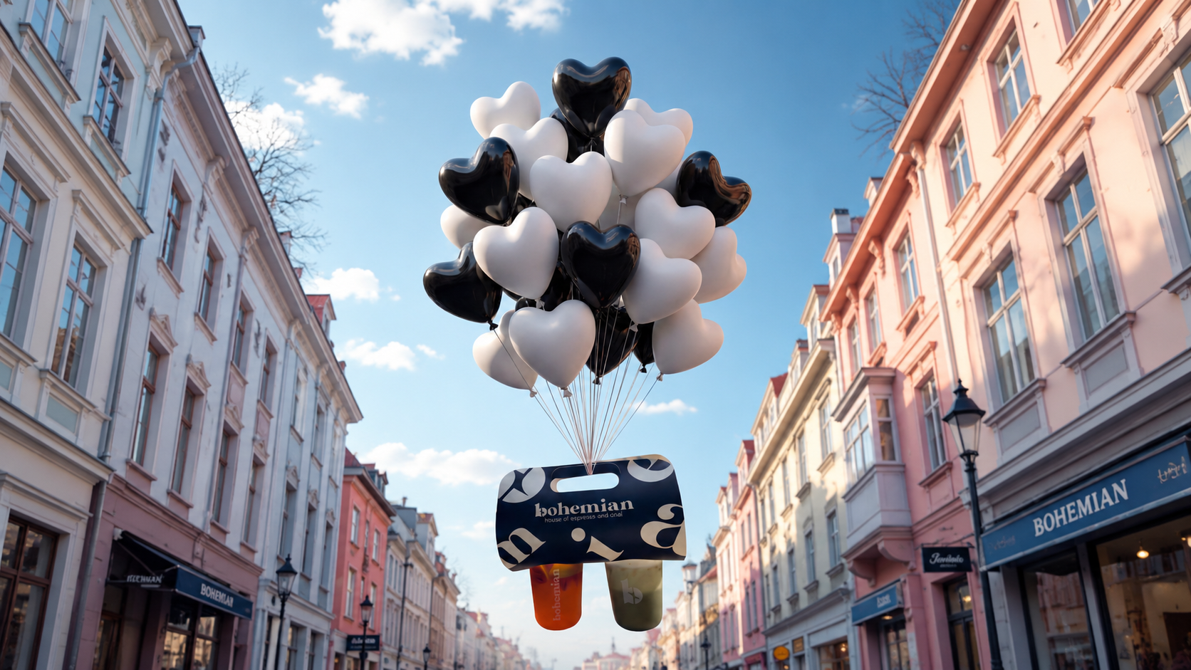 Bohemian House of Coffee — branded drinks floating with heart balloons over a city street